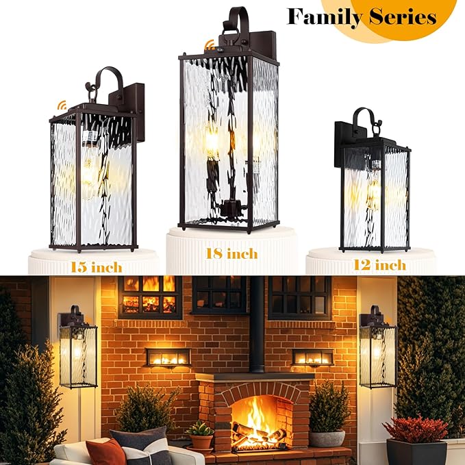 Oil Rubbed Bronze Dusk to Dawn Outdoor Light Fixture 18”, 2-Light Candelabra Photocell Porch Light with Water Ripple Glass Large Brown Outside Wall Light for House Wall Mounted Lamp, E12