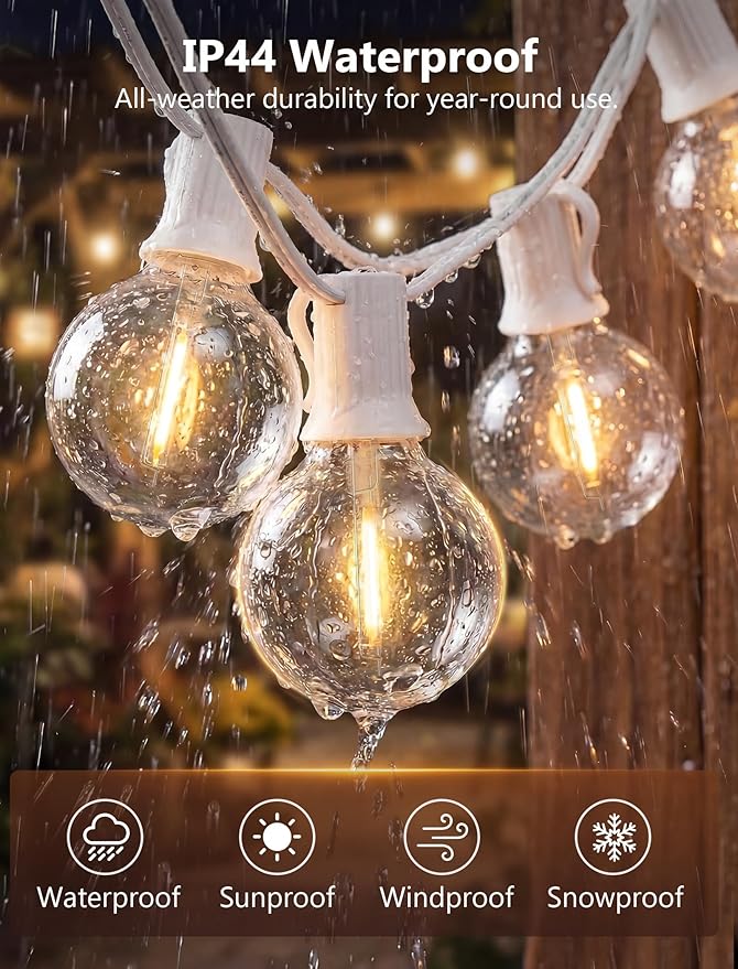 25Ft LED Outdoor String Lights, G40 Globe Patio String Lights Waterproof with 27 Shatterproof Bulbs, Hanging Outdoor Lights for Backyard Garden Bistro Wedding Party Christmas Decorations, White