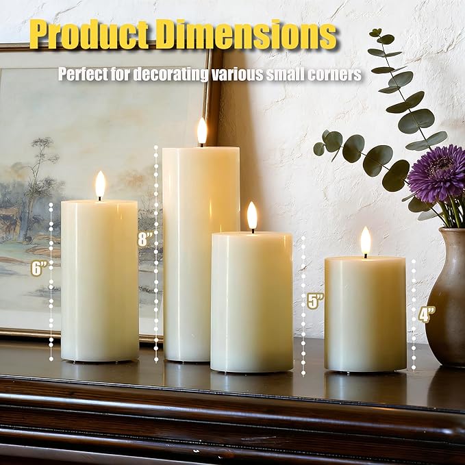 Flameless Pillar Candles with Remote Set of 4, Real Wax LED Battery Operated Candles, Safe Home Décor for Living Room, Bedroom, and Dining Table, Ivory