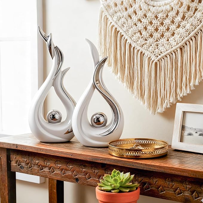 White and Silver Abstract Ceramic Sculptures 2 Set,Modern Home Decor Dining Table Objects,Silver Room Decor for Coffee Table, Shelf, Dining Room, Kitchen, Tv Stand, Entryway Or Desktop Display