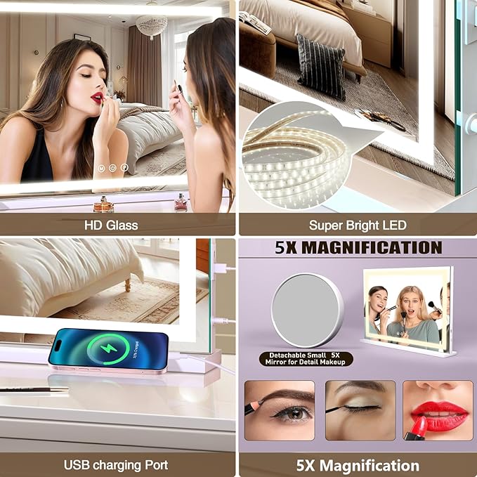 Large Lighted Vanity Mirror, 23" x 19" Light Up Make up Mirror with Smart Touch 3 Colors Dimmable, Tabletop or Wall-Mounted, Memory Function