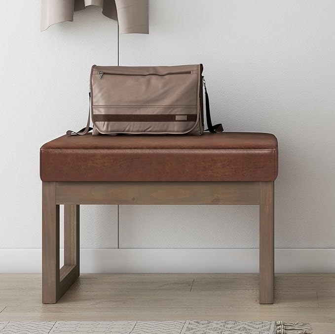 SIMPLIHOME Milltown Small Ottoman Bench - 27 inch Wide Upholstered Vegan Leather Rectangle Footstool Ottoman in Distressed Saddle Brown, Contemporary Bench for Bedroom with Cushioned Seat, Assembled
