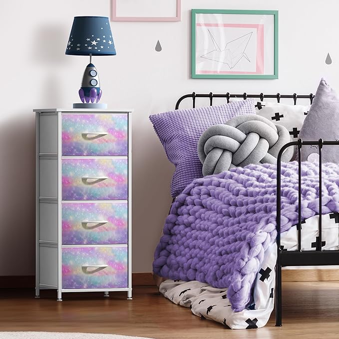 Sorbus Kids Dresser with 4 Drawers - Storage Chest Organizer Nightstand - Steel Frame, Wood Top, Tie-Dye Fabric Bins for Clothes - Wide Furniture for Bedroom, Hallway, Nursery, Closet, & Apartment