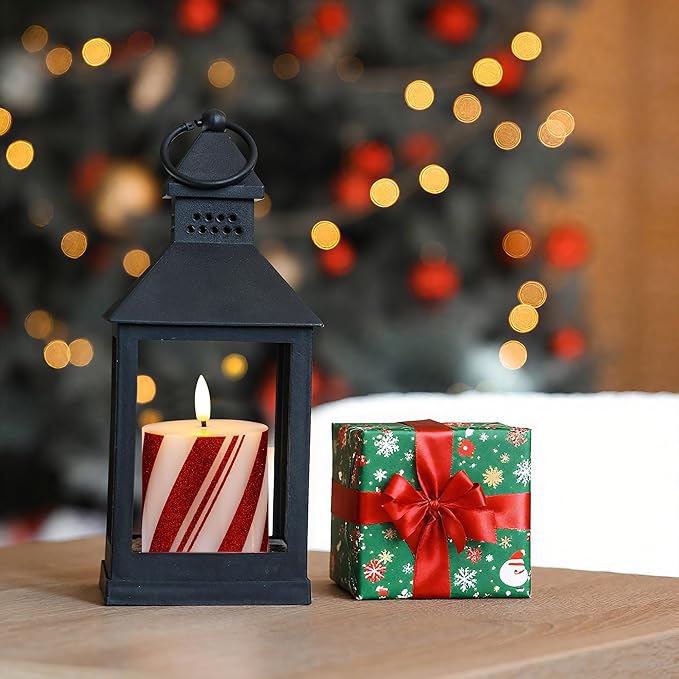 Christmas Candy Cane Stripe Flameless Pillar Candles, Real Wax Red and White Battery Operated Flickering Candles with Timer for Xmas Holiday Home Decoraction, Set of 3(3"x3")