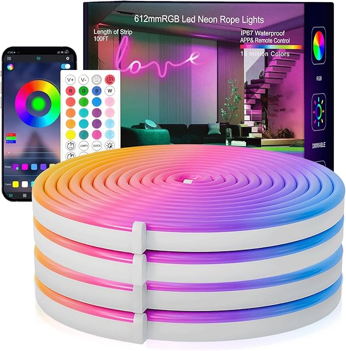 Neon Rope Lights, 100FT RGB LED Strip Lights, Waterproof IP67 LED Lights for Bedroom, DIY Design, Music Sync, 44 Key Remote Control, Multiple Modes for Bedroom, Holiday Decoration