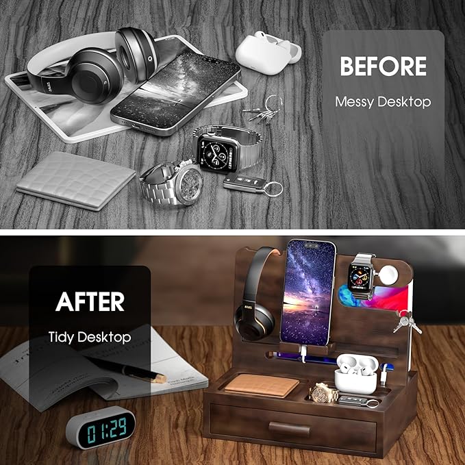 melafa365 Nightstand Organizer for Men,Phone Docking Station with Cable Management,Night Stand with Drawer,Bedside Organizer for Watches,Keys,Wallets,Gifts for Men(Brown)
