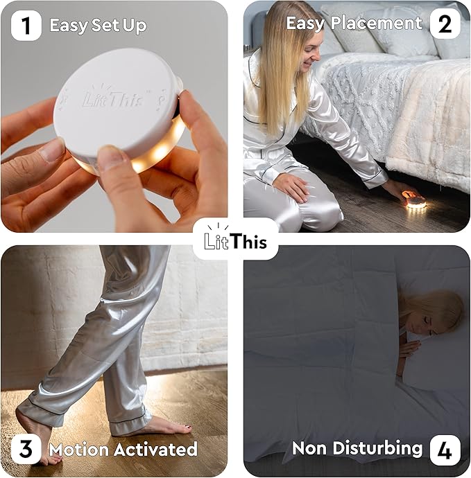Under Bed Lights Motion Sensor Patented 360° motion activated night light for under bed light. – No Installation, easily positioned, dimmable, auto on/off.