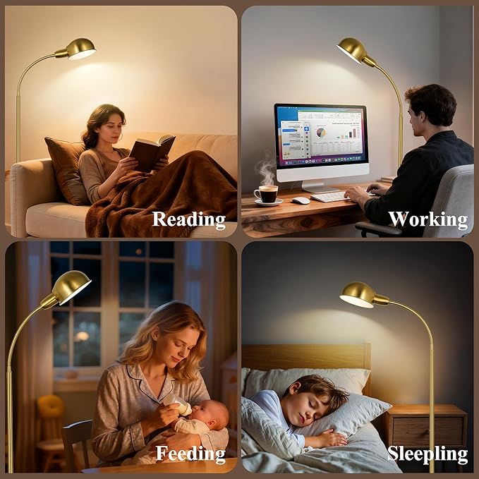 Floor Lamp for Living Room, 63" Standing Lamp with Adjustable Gooseneck, 3 Color Temperatures, Industrial Gold Floor Lamp Reading for Bedroom, Office, 9W LED Bulb