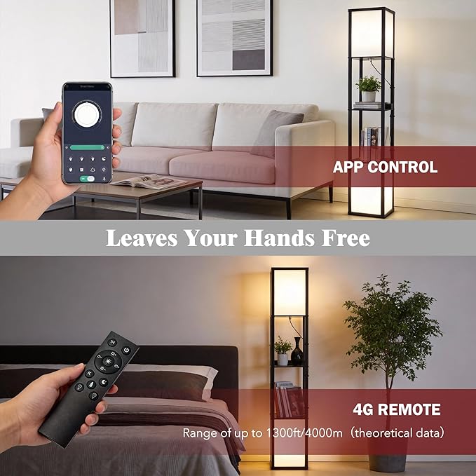 Black Floor Lamp with Shelves/Remote/App Control, Dimmable Led Standing Corner Display Bookshelf Lamp,Color Changing Temps,Floor Lamps for Living Room,Bedroom,Office (FL2L)