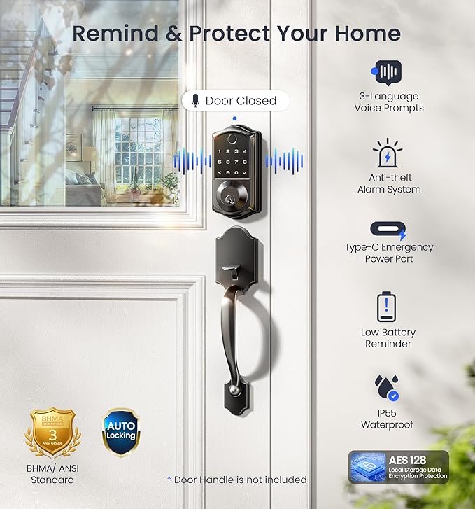 Veise VE017G Wi-Fi Keyless Entry Door Lock, App Remote & Voice Control, Fingerprint Smart Locks for Front Door, Touchscreen Electronic Keypad Deadbolt, Auto Lock, Emergency Power Port, Matte Black