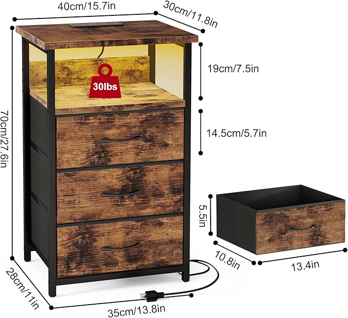 Fixwal Night Stand with Charging Station, LED Nightstand with Fabric Drawers, End Table with PU Finish, Bed Side Table, Rustic Brown (Pack of 2)