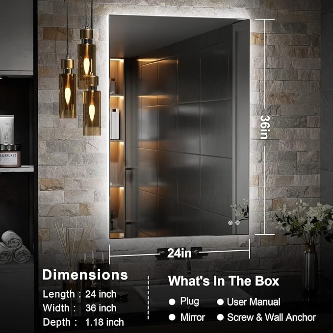 TETOTE 24 x 36 Inch LED Mirror Backlit Bathroom,Anti-Fog Mirror with Light,Dimmable,CRI90+,IP54 Water Proof,Wall Mounted Vanity Lighted,Horizontal/Vertical