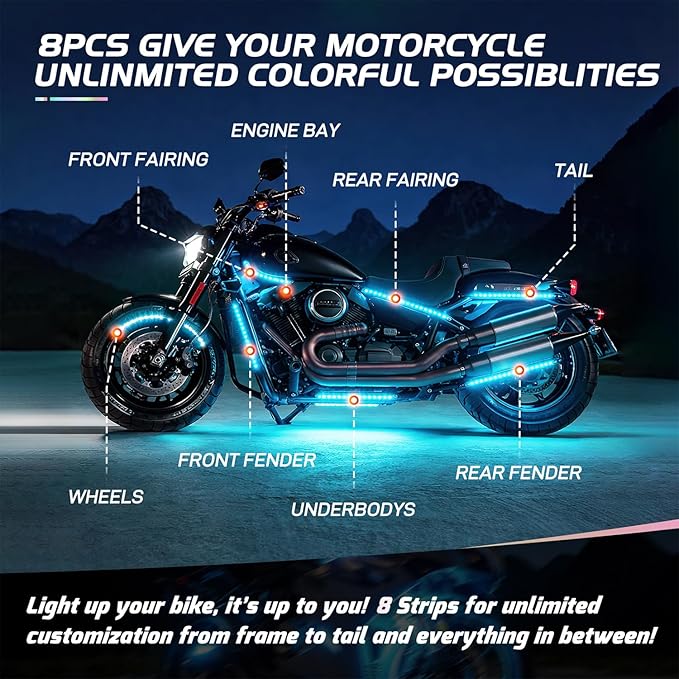 Nilight 8PCS Motorcycle RGB Led Light Kit Waterproof Multi-Color Atmosphere Lights Lamp with 4Key RF Wireless Remote for Harley Davidson Honda Kawasaki Suzuki, 2 Years Warranty (TL-42)