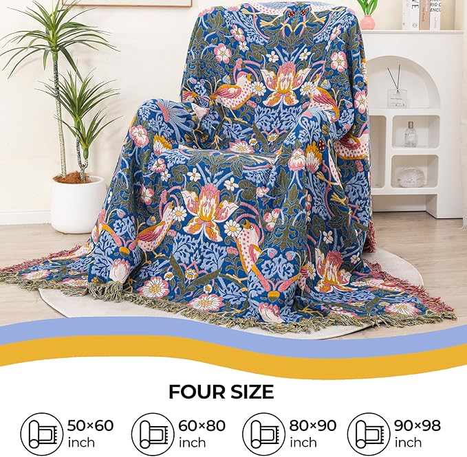 Boho Cotton Muslin Twin Size Bed Throws,100% Cotton Rustic 4 Layer Reversible Bid and Floral Woven Washable Breathable Decor Quilt 60"×80" for Couch Sofa All Seasons,Blue &Yellow