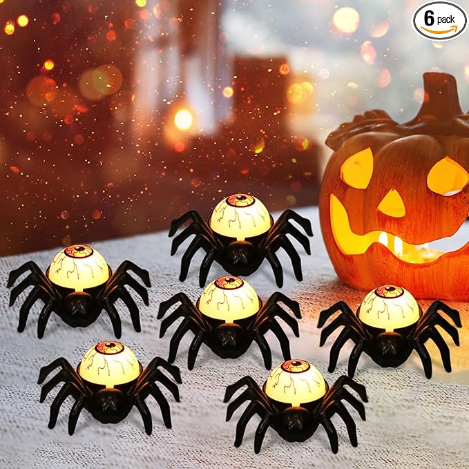 DRomance Halloween Flameless Flickering Candle Lights Battery Operated with 6H Timer, Spooky Spider Red Eyeballs Shaped LED Candles Cute Halloween Decoration Indoor(6 Pack, 2.8" x 3.5" x 1.3")