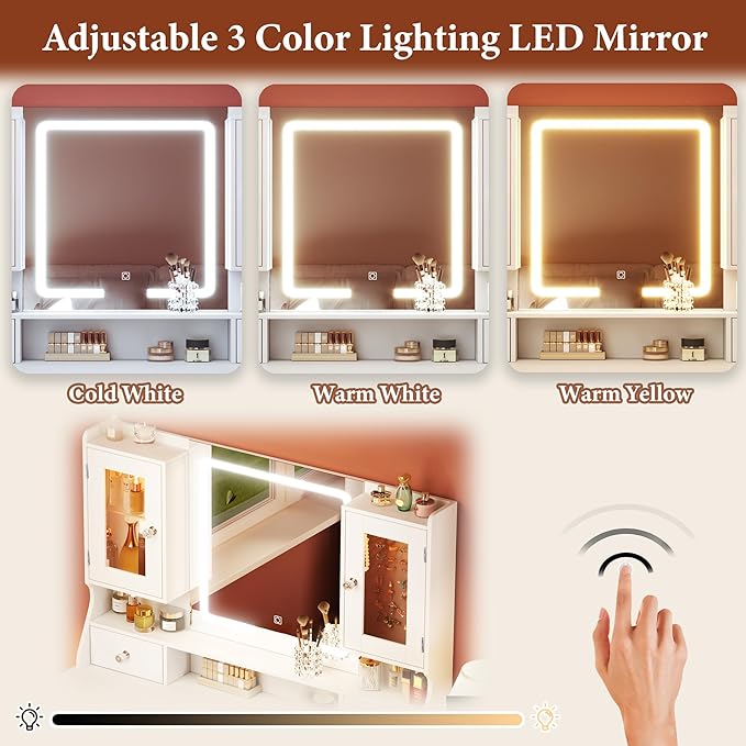 Vanity Desk with LED Mirror & RGB Lights, Large Makeup Vanity with 7 Drawers & 2 RGB Cabinets, White Vanity Table with Power Outlet, 3 Colors Lighting Adjustable Brightness for Bedroom, White