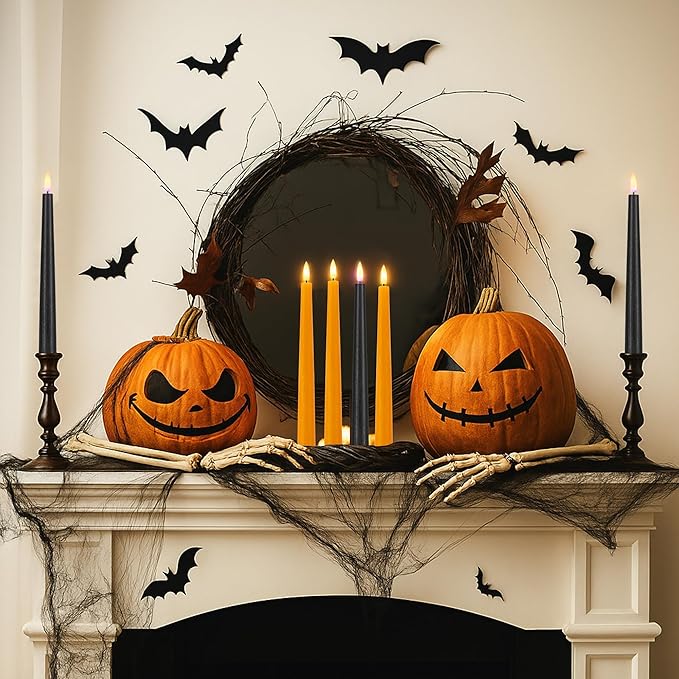Orange and Black Flameless Taper Candles Flickering, Real Wax Halloween Candles with 2 Remote & Timer, Battery Operated Halloween Led Candle for Party Home Decor 6 Pack