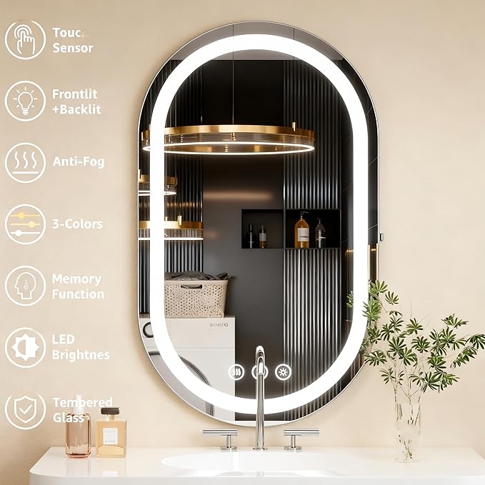 48"x36" Oval LED Mirror for Bathroom,Lighted Bathroom Vanity Mirror with Lights - Anti-Fog,Front Light and Backlit, Dimmable, 3 Colors,Mirror with Touch Sensor,Espejos para Baños