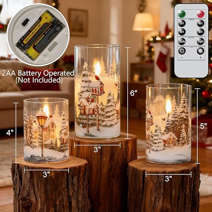 Wondise Red Bird Glass Flameless Candles with Remote Timer, Battery Operated Real Wax 3D Wick LED Flickering Pillar Candles for Christmas Decoration Thanksgiving Holiday Gift