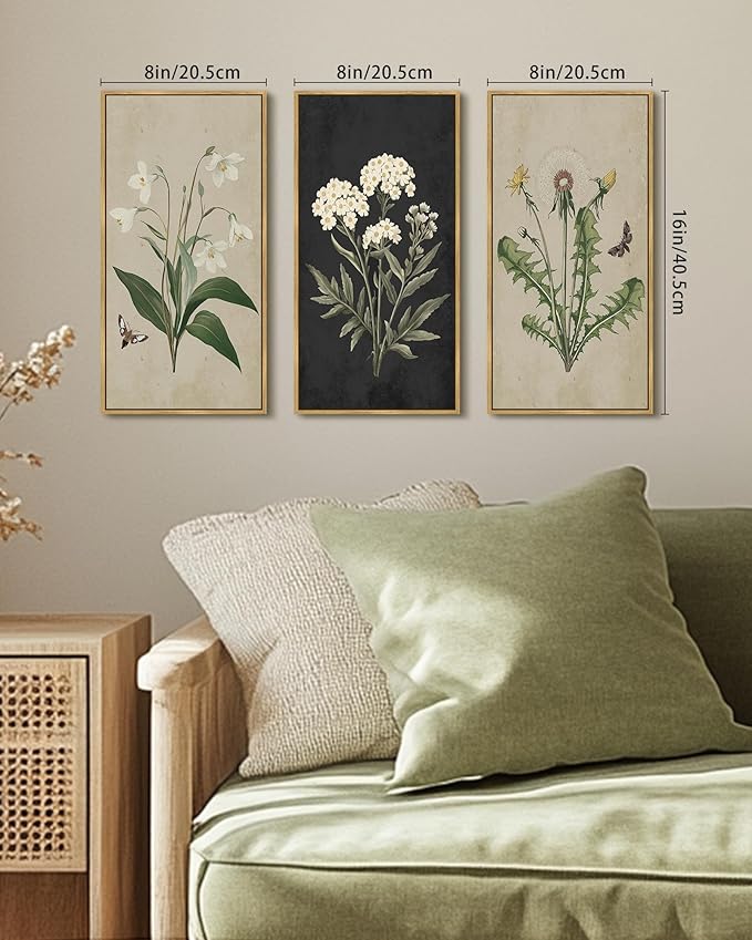 KUVIOKE Vintage Botanical Wall Decor Wild Flowers Artwork Framed Wall Art Ready to Hang Hallway Home Office 8x16in3pcs Natural Framed