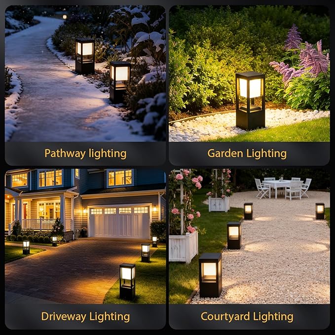 Solar Floor Lamp Outdoor Waterpoorf, Modern Die-cast Aluminum Led Lanterns for Patio Porch, Bollard Landscape Lighting for Garden Yard Walkway, Remote Control, 3CCT, Dusk to Dawn (4 Pack)