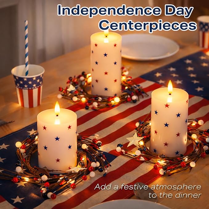Patriotic Flameless Pillar Candles with Remote, 3 Pack Battery Operated Real Wax LED Candles, Perfect for 4th of July Independence Day Home Decorations Fireplace Table, Star Sticker