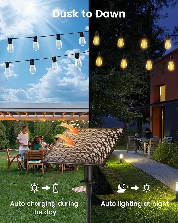 Torkase Solar String Lights Outdoor, 120FT 30+2 Shatterproof S14 LED Bulbs, Waterproof, USB Rechargeable, 2200K Warm White, Energy-Saving Hanging Patio Lights for Garden, Porch, Bistro, Deck, Market