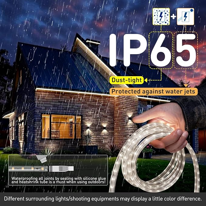 Shine Decor LED Strip Light Easy Connectable, 6000K Cool White Cold Resist Weatherproof Plug-in for Indoor Outdoor, 101 LM/FT Dimmable Bright Eco Rope Lighting 98FT, 120V Whole Set ETL Listed