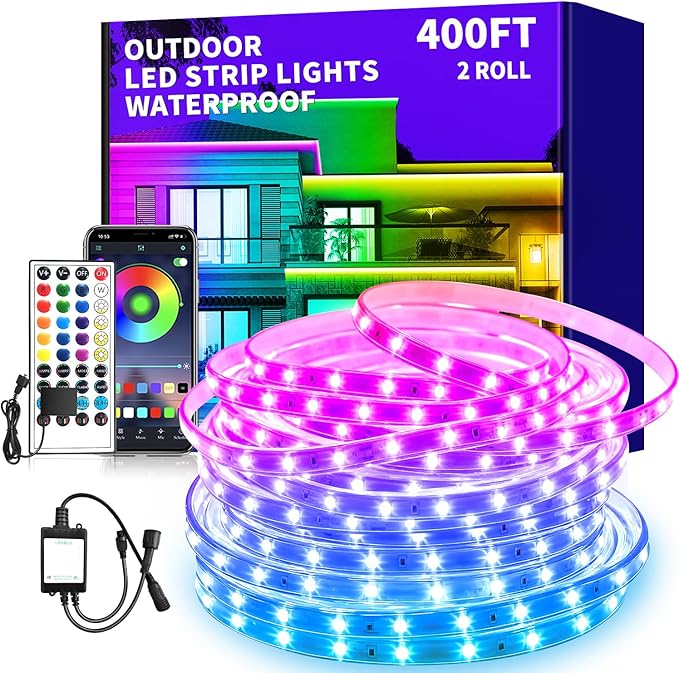 400ft Outdoor LED Strip Lights Waterproof,IP68 Outside Led Light Strips Waterproof with Remote/APP Control,Music Sync RGB Led Rope Lights for Bedroom Staircase Party（2 Rolls of 200ft）