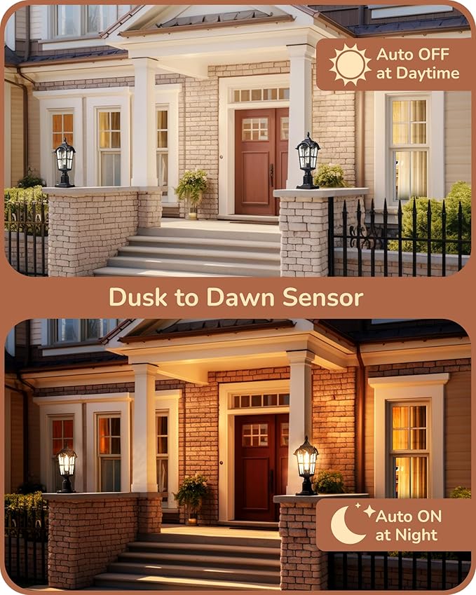 EDISHINE Dusk to Dawn Outdoor Post Light with Pier Mount Base, Hardwired Black Roman Waterproof Pole Lantern Fixture, Water Ripple Glass Exterior Lamp Post Light for Driverway, Patio, Pathway