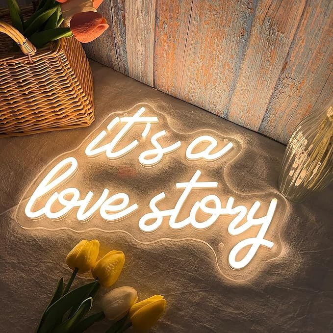 It's a Love Story LED Neon Signs for Wall Decor Neon Wall Art Acrylic LED Lights with Hanging Chain Light Up for Bedroom Decor Graduation Bar Pub Wedding Party 5V USB Powered Dimmable