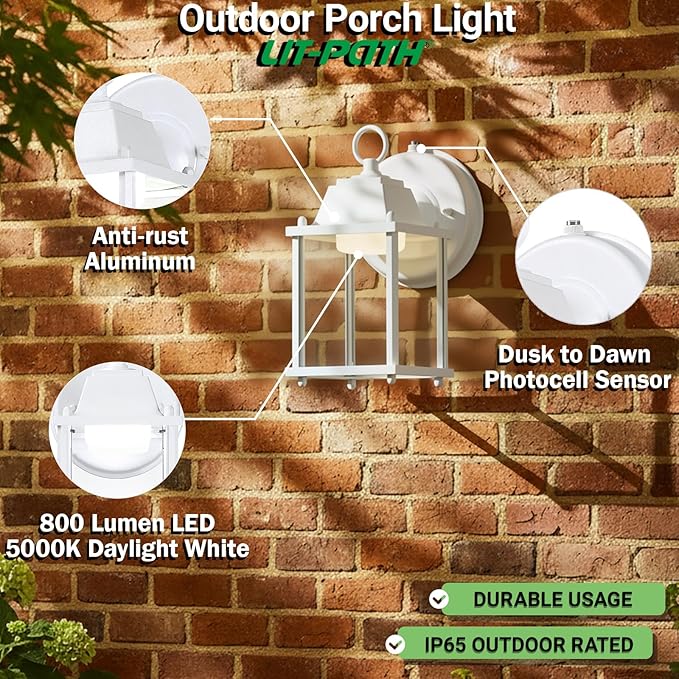 LIT-PaTH Small Outdoor LED Wall Lantern with Dusk to Dawn Photocell, 5000K Daylight White, 9.5W, 800 Lumen, Aluminum Housing Plus Glass, Outdoor Rated, 1-Pack, White