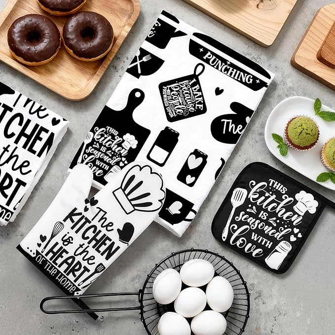 8 Pcs Farmhouse Kitchen Decor Accessories Set 4 Black White Kitchen Dish Towels 2 Oven Mitts 2 Pot Holders Kitchens Towels Pot Holders Oven Mitt Decor for Cooking Baking Housewarming Daughter Mom Gift