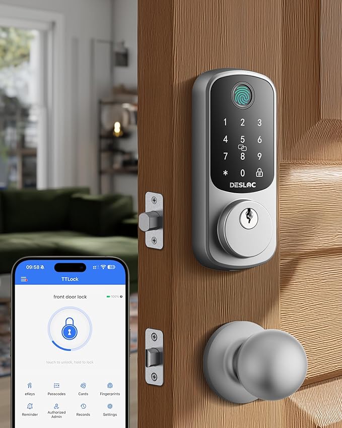 DESLOC B200 Fingerprint Smart Lock with 2 Knobs, Keyless Entry Front Door Lock Set, Electronic Keypad Deadbolt, App Control, Auto Lock, Long Battery Life,Silver