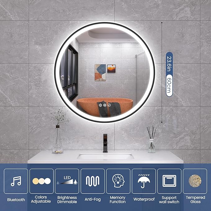 STARLEAD 24" Black Frameless Round LED Bathroom Mirror with Bluetooth Speaker, Dimmable Lighting, 3 Color Modes, Anti-Fog, Touch Control Wall Mounted Vanity Mirror