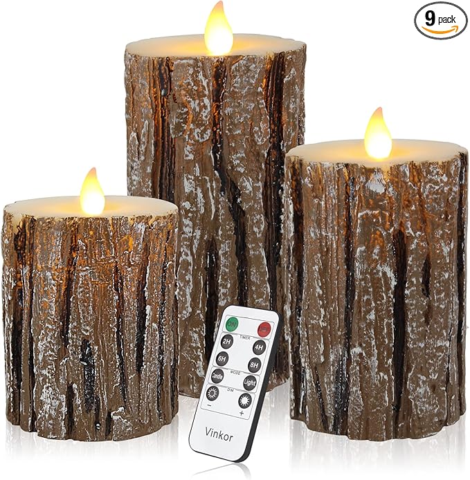 Vinkor Flameless Candles Battery Operated Candles Real Wax Pillar LED Candles with 10-Key Remote and Cycling 24 Hours Timer (Birch Effect 4" 5" 6")