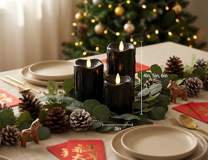 Black Flameless Pillar Candles Flickering with Remote Timer, Battery Operated LED Candles Up to 400 Hours, 3D Moving Flame Real Wax Candles(Black with Dripping Tear)