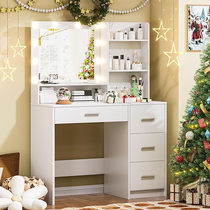 Vanity Desk with Lighted Mirror, White Vanity with 4 Drawers,Makeup Vanity with Storage Shelves and Power Outlet,10 Lights with 3 Color Modes Brightness Adjustable for Girls’ Bedroom (White)