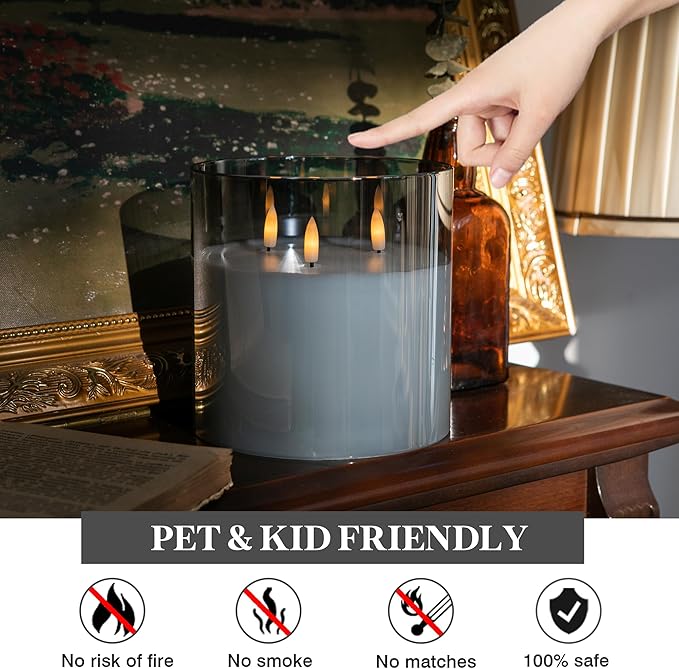 Extra Large Flameless Candles with 3 Wicks, 6"x6" Glass Battery Operated Candles with Remote, Real Wax Flickering LED Candles Fake Candle for Home, Wedding, Party, Gray