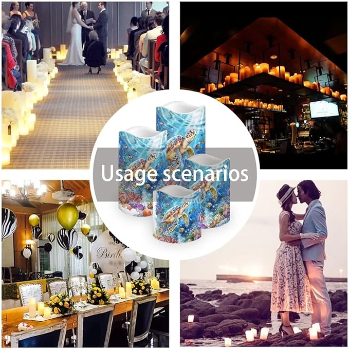 Sea Turtle Pillar Candles Bulk Led Flameless Battery Operated Candles with Timer Remote Color Changing Electric Fake Candles for House Warming Home Decorations Set of 4