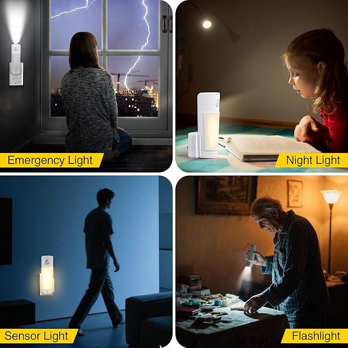 Enhon 3 Pack 4 in 1 Emergency Lights for Home Power Failure, Rechargeable LED Flashlight Plug in Wall, Automatic Turn On Power Outage Night Light with Motion Sensor for Hurricane Preparedness Items