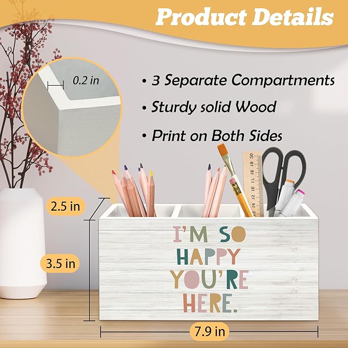Boho Classroom Pen Holder Organizer for Desk Accessories, I'm So Happy You're Here Wooden Box Desk Decorations for Kids Room Bedroom School Decor, Boho Classroom Decor