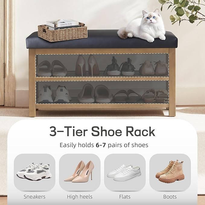 Shoe Rack Bench with Leather Cushion, 2 Tier Solid Wood Storage Bench, Mid-Century Modern Shoe Bench for Entryway, Hallway, Closet, Front Door Entrance, Foyer (Black, 31.5)