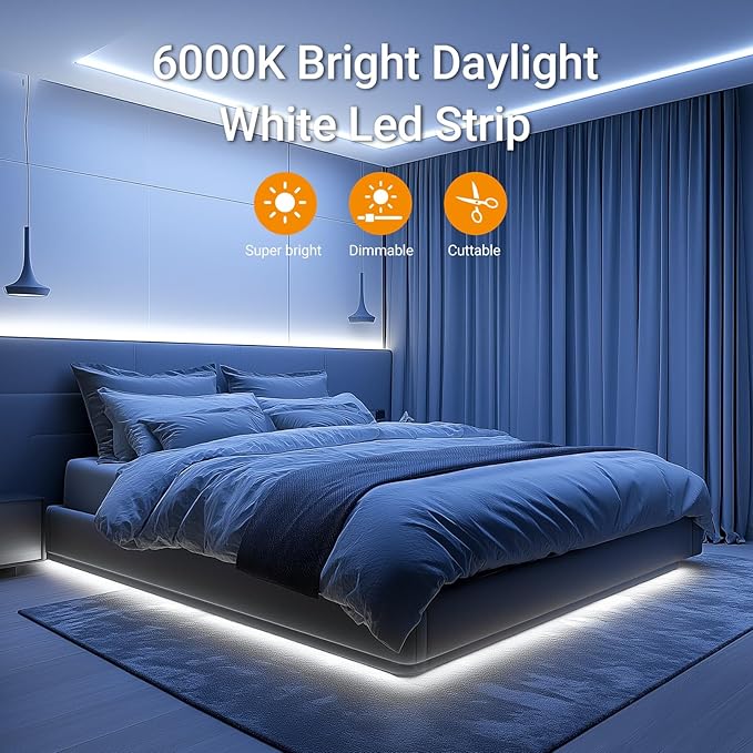 CT CAPETRONIX White LED Strip Light, 16.4 Feet 24 Volt LED Light Strip White, 6000K-6500K Daylight Super Bright LED Tape Light for Bedroom, Kitchen, Closet, Cabinet, Mirror, Indoor（Dimmer Included）