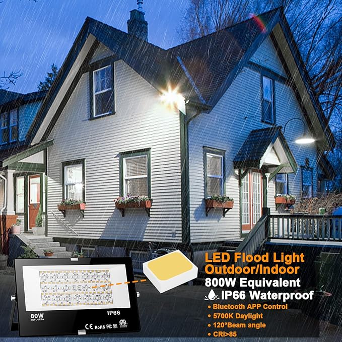 LED Flood Light Outdoor 800W Equivalent 8000LM, Smart RGBW Landscape Lighting with APP Control, Daylight 5700K 23 Modes Floodlight, IP66 Waterproof Color Changing Uplight Wall Light for Garden Stage