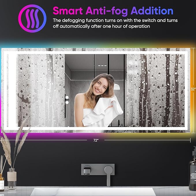 Antok 32"x 72" LED Bathroom Mirror with Lights, Anti-Fog, Dimmable, Lighted Vanity Mirror with Tempered Glass, Memory Function, 11 Light Modes, Safe Use, Horizontal, Vertical, Wall Mount