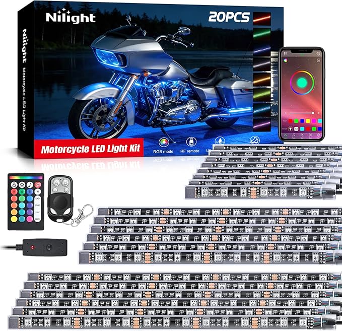 Nilight 20PCS Motorcycle RGB LED Light Kit Waterproof Multi Color Atmosphere Neon Accent Lights Lamp APP and Remote Control Underbody Strips for Harley Davidson Honda Kawasaki Yamaha Suzuki