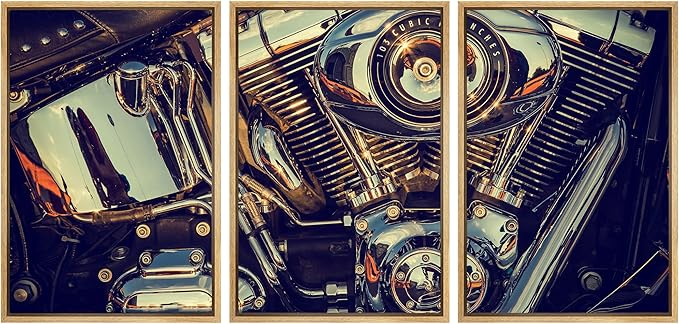 wall26 Framed Canvas Print Wall Art Set Close Up of Chrome Motorcycle Engine Transportation Vehicle Realism Chic Scenic Colorful Ultra for Living Room, Bedroom, Office - 16"x24"x3 Natural