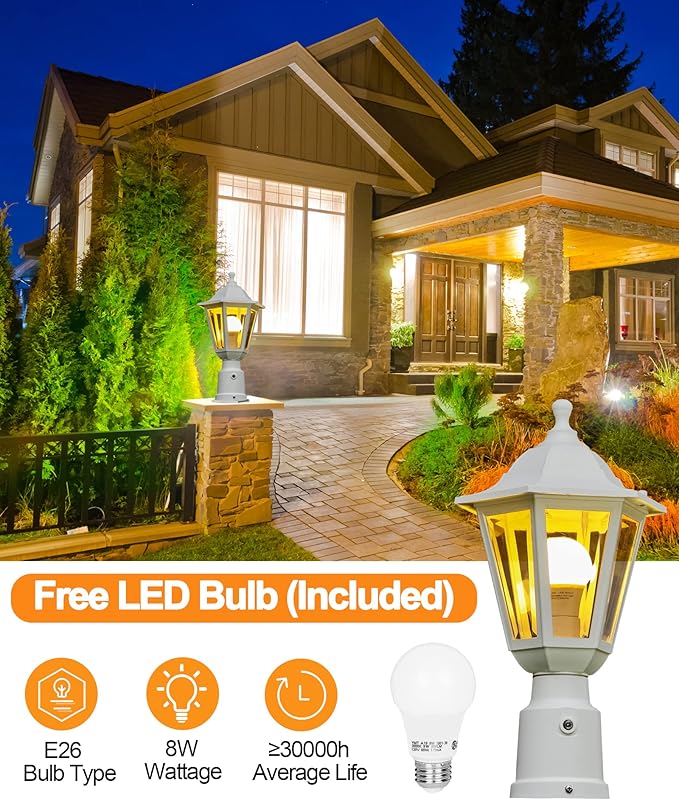 FUDESY Dusk to Dawn Outdoor Post Light, White Modern Exterior Post Lantern with Pier Mount Base, Plastic Waterproof Lamp Light Fixture for Garden Yard Patio Pathway, LED Bulb Included