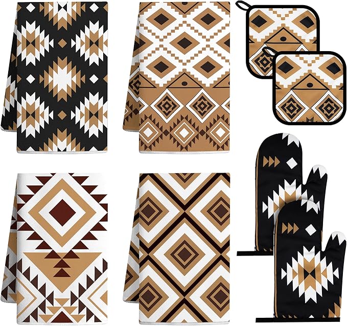 8 Pcs Western Aztec Kitchen Decor Accessories Set Farmhouse Towels Pot Holders Oven Mitts Set 4 Dish Towels 2 Potholders 2 Cooking Mittens Oven Glove for Home Baking Cooking Supply(Brown,Kitchen)
